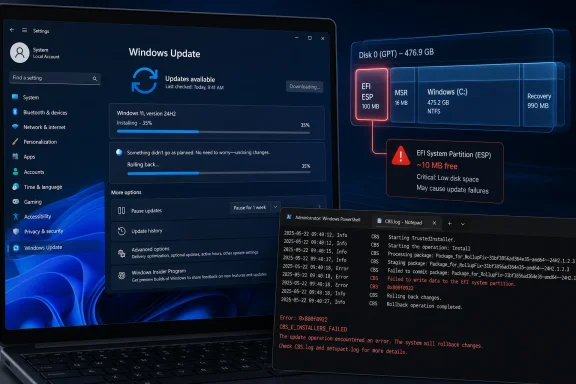 Windows Update failing, showing “EFI system partition” low disk space warning and rollback error on screen.