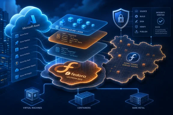 Microsoft Azure cloud stack diagram showing Fedora container builds, verification, and deployment across regions.