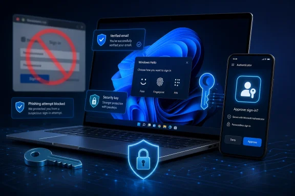 Cybersecurity login scene with Windows Hello, verified email, and Microsoft Authenticator approval on a laptop and phone.