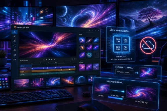 Futuristic AI photo editor on a monitor with GPU processing and 4K upscaling visuals.