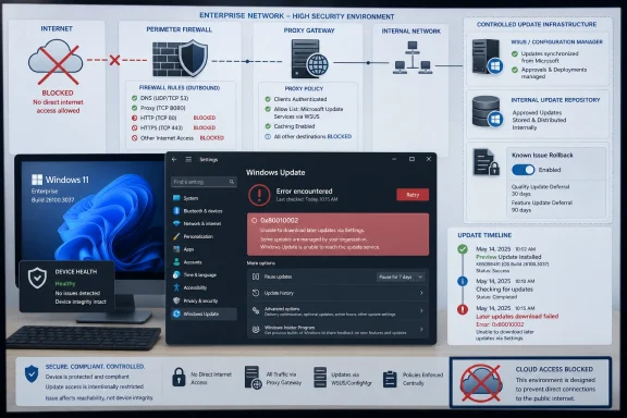Enterprise network security diagram showing blocked internet access and a Windows 11 update error (0x80010002).