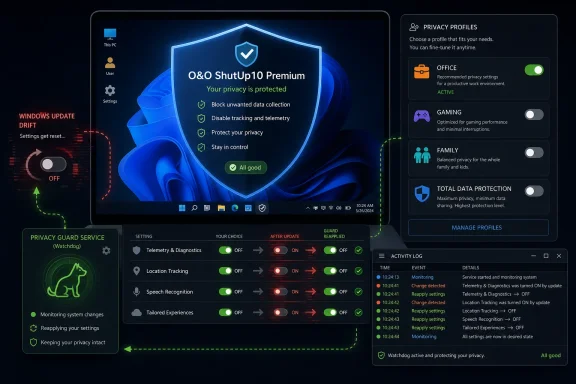 Screenshot of O&O ShutUp10 Premium privacy shield with toggled settings and protection logs on Windows.