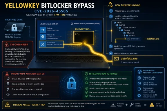 Cybersecurity infographic showing a “Yellowkey BitLocker bypass” via WinRE recovery shell and malicious autofs…