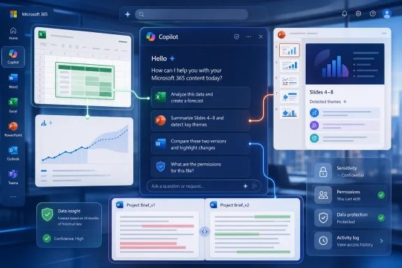 Microsoft 365 Copilot dashboard showing analytics, slide summaries, and document permissions in a blue interface.