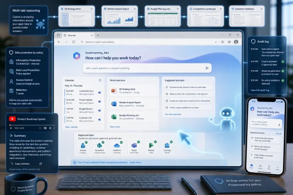 Office workspace showing an AI copilot dashboard with reports, calendar cards, policy audit, and chat on phone.