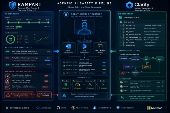 Infographic dashboard showing an agent AI safety pipeline with testing, auditing, approvals, and governance components.