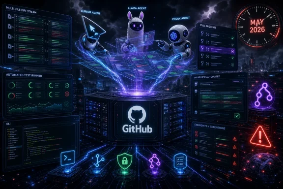 Futuristic GitHub DevOps control center with AI agents, CI/CD dashboards, and a glowing May 2026 clock.