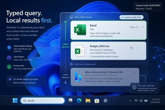 Windows 11 search UI shows a typed query with local results prioritized, featuring Excel matches and settings.