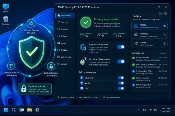 Windows desktop showing O&O ShutUp10 privacy protection dashboard with active monitoring and settings restored.