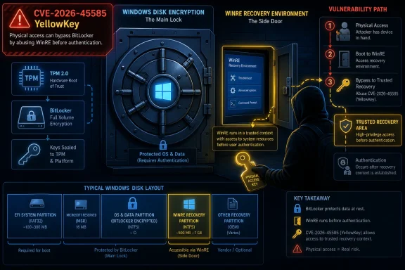 Infographic shows a “YellowKey” CVE-2026-45585 bypassing Windows BitLocker via WinRE recovery context.