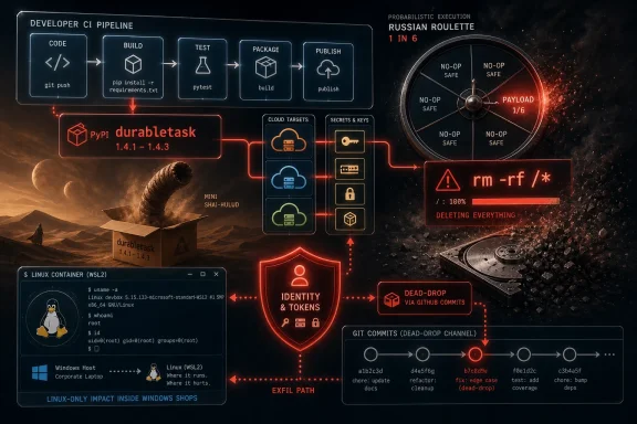 Futuristic DevOps diagram shows a CI/CD pipeline with “rm -rf” dead-drop and probabilistic Russian roulette risk.