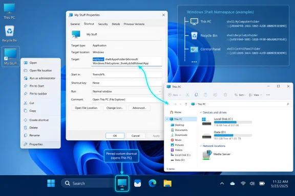 Windows 11 desktop showing the “My Stuff Properties” window and “This PC” file explorer.