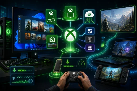 Gamer setup with monitors and cloud icons showing game downloads and Xbox-style access on a glowing interface.
