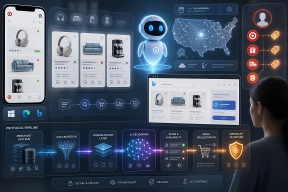 Futuristic UI shows e-commerce dashboard, robotic assistant, and data pipeline flow for secure ordering.