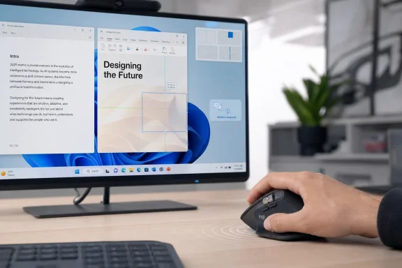 Hand uses a mouse on a desktop monitor showing a PowerPoint deck titled “Designing the Future.”