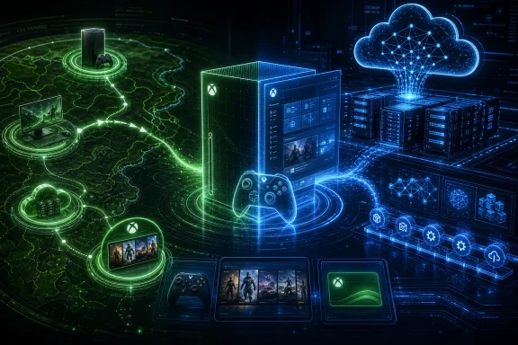 Futuristic cloud gaming scene with servers, game controllers, and data networks glowing in green and blue.