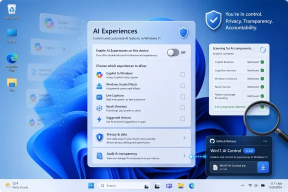 Windows 11 AI Control settings screen showing privacy and AI component management on a blue desktop background.