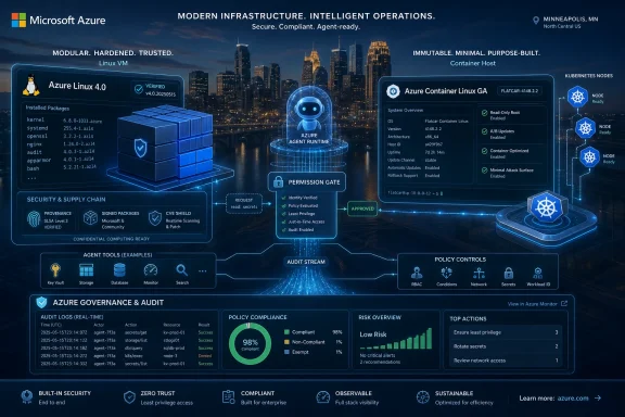 Azure Linux 4.0 security and audit dashboard over a city skyline, with agent runtime and Kubernetes nodes.