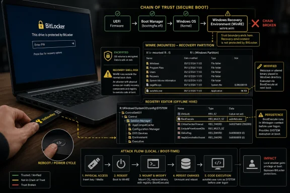 Diagram shows a BitLocker secure-boot “chain of trust” attack exploiting Windows recovery to execute malware.