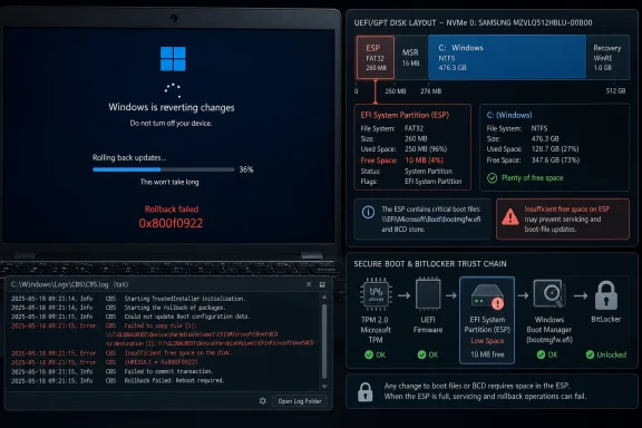 Windows rollback failed on a UEFI/GPT disk due to insufficient free space on the ESP partition (0x800f0922).