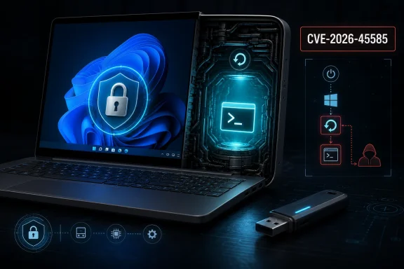 Hacker-style cybersecurity image showing an open laptop with a blue lock and CVE-2026-45585 warning.