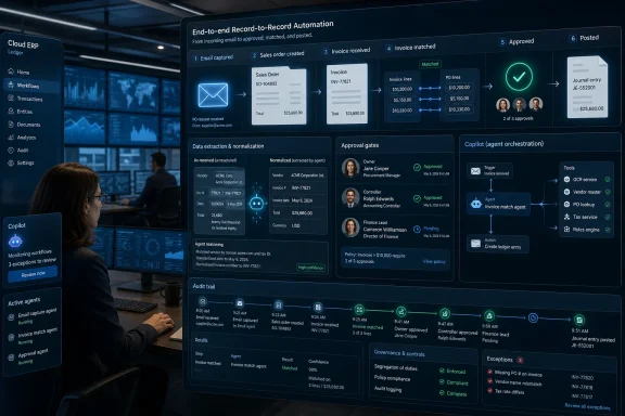 Woman monitors end-to-end cloud ERP record automation dashboard with email capture, invoice matching, approvals, and posted journal.