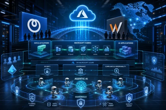 Digital cloud-and-servers graphic showing Microsoft Fabric, AI pipelines, security, and agentic AI in a data center.