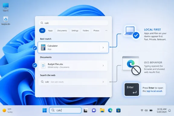 Windows Start search shows “calc” with Local First results, highlighting Calculator and documents.