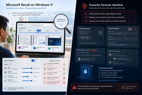 Split-screen ad for Microsoft Recall on Windows 11, showing a laptop UI and security/privacy warnings.