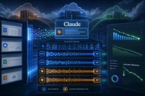 Futuristic data center scene with “Claude” at center, glowing servers, and analytics dashboards under night clouds.