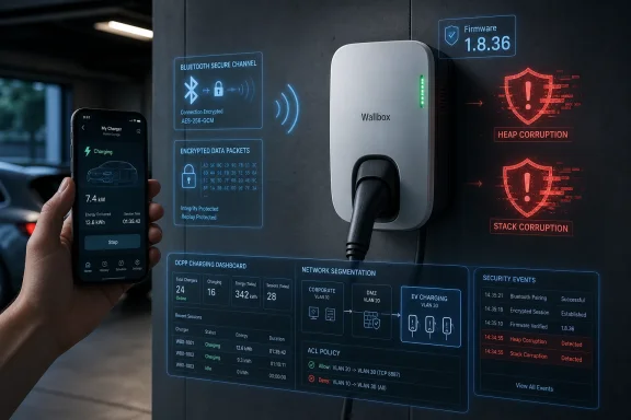 Hand holds phone showing EV charging stats beside a wallbox with security warnings for heap/stack corruption.