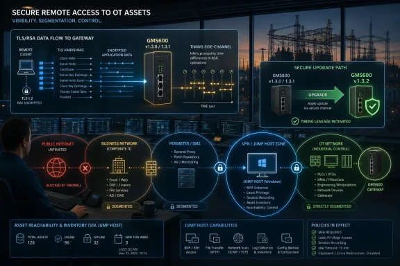 Cybersecurity infographic showing secure remote access to OT assets via TLS/RSA, VPN jump host, and GMS600 gateway.