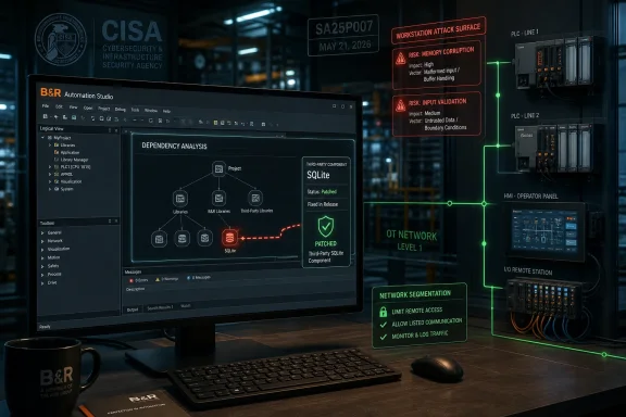 Cybersecurity dashboard shows patched SQLite dependency analysis alongside OT network segmentation and PLC risk alerts.