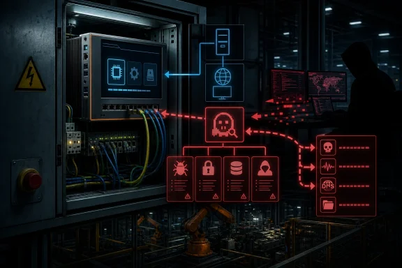 Cybersecurity monitoring dashboard overlays a server rack in a dark data center with a technician nearby.