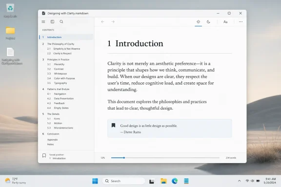 Screenshot of a Clarity.markdown document with “1 Introduction” text and a sidebar table of contents.
