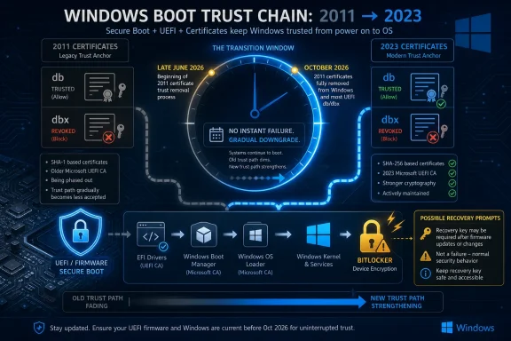 Infographic shows Windows boot trust chain transition from 2011 certificates (2011–2026) to 2023 modern trust anchors.
