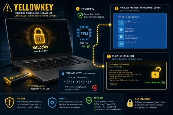 YellowKey shows BitLocker/TMP secure boot recovery options on a laptop, warning physical access risks.