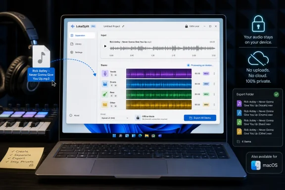 Laptop screen shows Lokalsplit audio separation with vocals, drums, bass, and private offline export UI.