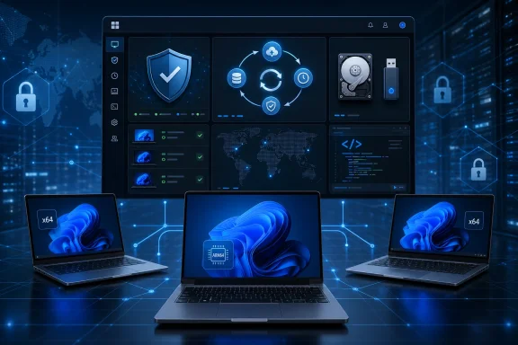 Futuristic cybersecurity dashboard with encrypted shields, database and code icons above three ARM64 laptops.
