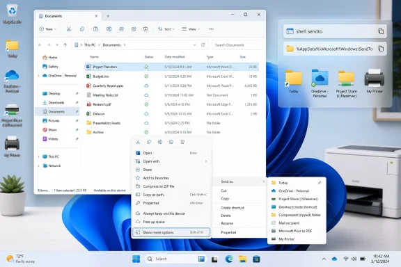 Windows File Explorer shows selected Documents with “Send to” menu and recycle bin on the desktop.