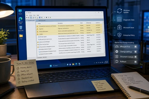 Laptop screen shows Windows Services settings while notes suggest PC role and change logs in a tech workspace.