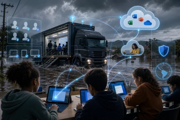 Team uses cloud-connected laptops to manage a shipment as a truck operates in stormy floodwater.