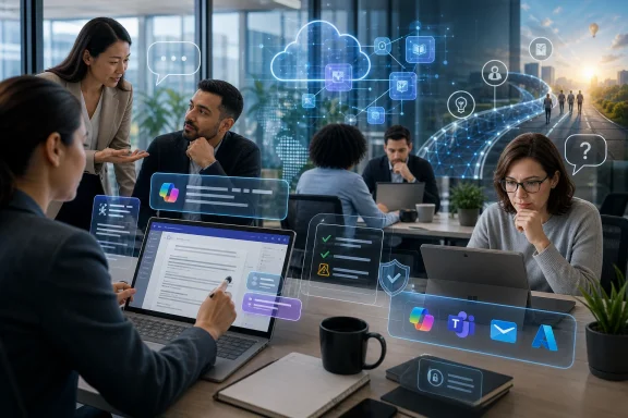 Office team collaborating on secure data systems with cloud and network technology overlays.