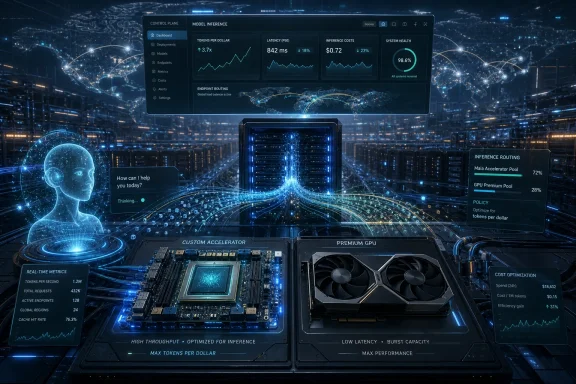 Futuristic data-center dashboard shows AI model inference metrics, routing, and GPU cost optimization.