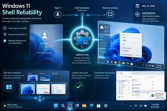 Windows 11 “Shell Reliability” promotional graphic showing sign-in, explorer, and file explorer UI updates.