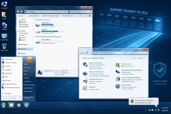 Windows desktop screen showing Computer and Control Panel with a “Support Runway to 2032” banner and security status.