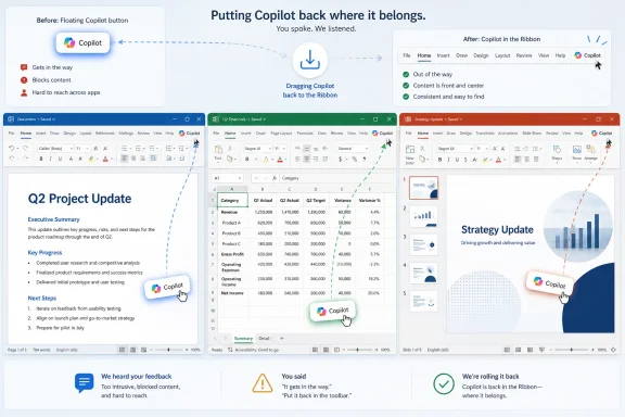 Diagram shows Copilot moved from a floating button to the ribbon, with before-and-after PowerPoint screenshots.