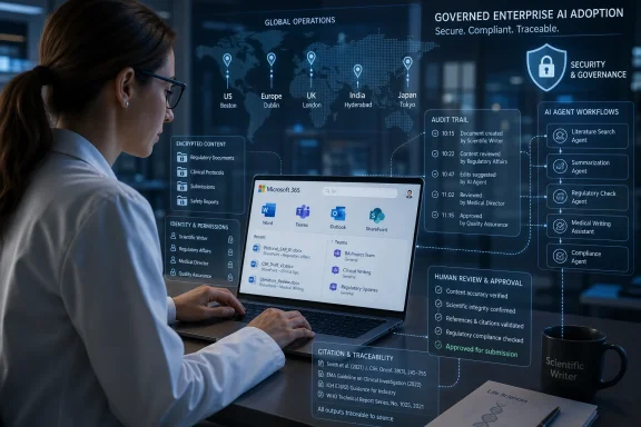Scientist reviews an AI governance dashboard on a laptop, showing secure, traceable global operations and audit trails.