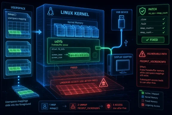 Futuristic diagram of a Linux kernel framebuffer use-after-free vulnerability via userspace mappings.