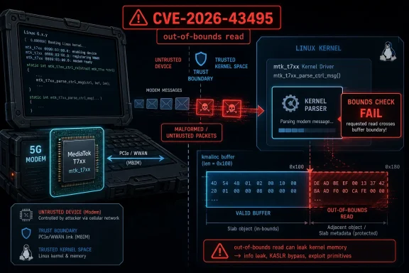 Illustration of a CVE-2026-43495 Linux kernel out-of-bounds read exploit against a 5G modem.